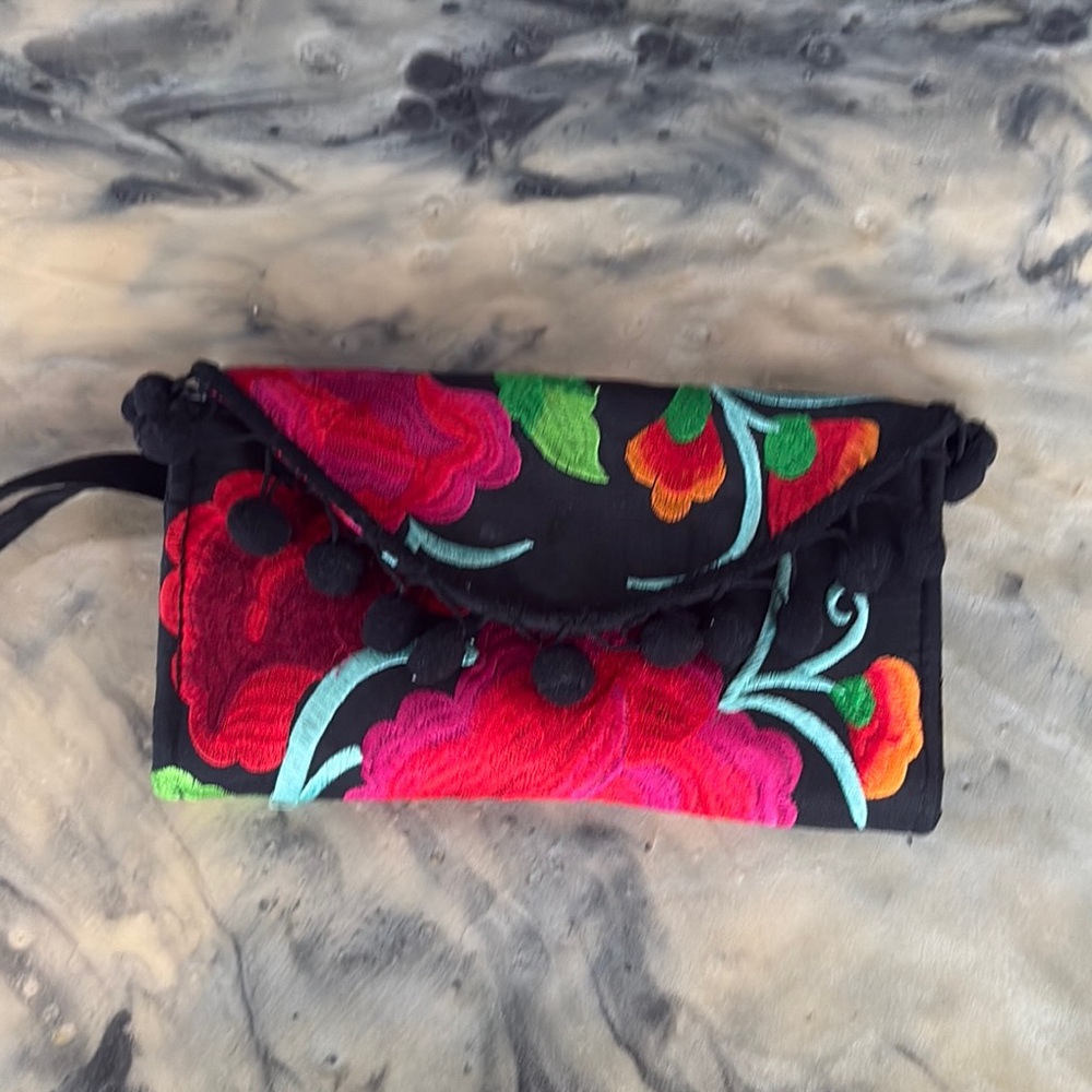 Floral Embroidered Black Clutch